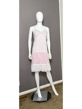 Vintage White Eyelet Cotton Slip Dress with Antique Lace S-M